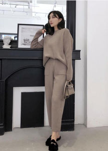 Knitted 2 pieces Set Tracksuits Women  Autumn Winter Thick Warm O-neck Loose Sweater+Ankle-Length Pants Warm Cashmere Suit