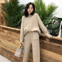 Load image into Gallery viewer, Knitted 2 pieces Set Tracksuits Women  Autumn Winter Thick Warm O-neck Loose Sweater+Ankle-Length Pants Warm Cashmere Suit