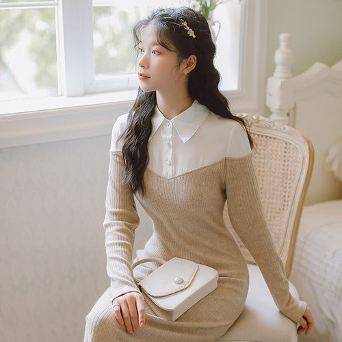 Knitted Dress Slim Sexy Simple Fashion Bodycon Dress Women's Autumn Lapel Stitching Beaded Chic Retro Sweater Dress Fall Femme