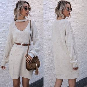 Knitted Dresses for Women 2021 Autumn New Low V-neck Women Sweater Inner Tops Length Section Long Sleeve Pullover Dress Women