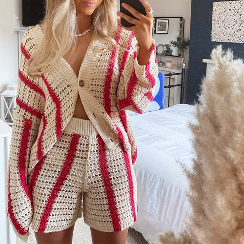 Knitted Long Sleeve Cardigan Women Red Stripe Jumper Loose Y2K Autumn Winter Fashion Casual Sweater Top V Neck Oversized sweater