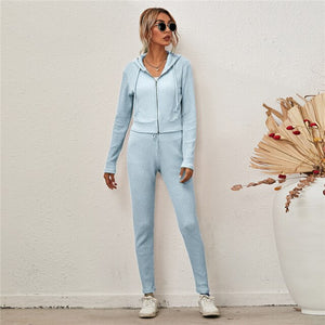 Knitted Tracksuit Women Two Piece Set Autumn Clothes Solid Color Zipper Hooded Top and Long Pants Suit Casual Lounge Wear Outfit