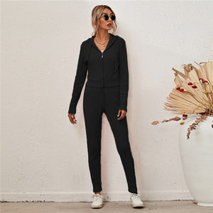 Knitted Tracksuit Women Two Piece Set Autumn Clothes Solid Color Zipper Hooded Top and Long Pants Suit Casual Lounge Wear Outfit