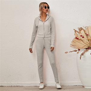 Knitted Tracksuit Women Two Piece Set Autumn Clothes Solid Color Zipper Hooded Top and Long Pants Suit Casual Lounge Wear Outfit