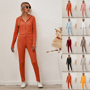 Knitted Tracksuit Women Two Piece Set Autumn Clothes Solid Color Zipper Hooded Top and Long Pants Suit Casual Lounge Wear Outfit