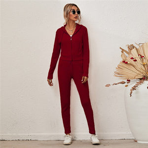 Knitted Tracksuit Women Two Piece Set Autumn Clothes Solid Color Zipper Hooded Top and Long Pants Suit Casual Lounge Wear Outfit