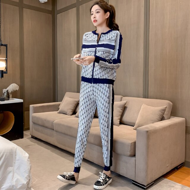 Knitted Women Set 2021 Winter Long Sleeve Crew Neck Knitted Sweater Warm Sports Leisure Suit Set Female Clothing