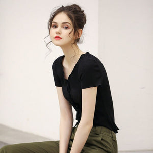 Knitting Elegant V Neck Female Summer Top Lace T Shirt Shirts Feminina For Women Tops Friends Tees Tshirt Korean Clothes