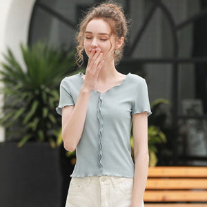 Knitting Elegant V Neck Female Summer Top Lace T Shirt Shirts Feminina For Women Tops Friends Tees Tshirt Korean Clothes