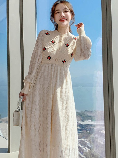 Knitting Maxi Dresses for Women Female Korea Style Slim Embroidery Warm Wool Long Sleeve Woman Dress Party 2022 Autumn Winter