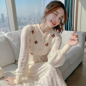 Knitting Maxi Dresses for Women Female Korea Style Slim Embroidery Warm Wool Long Sleeve Woman Dress Party 2022 Autumn Winter