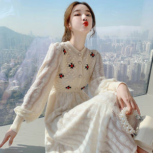 Knitting Maxi Dresses for Women Female Korea Style Slim Embroidery Warm Wool Long Sleeve Woman Dress Party 2022 Autumn Winter