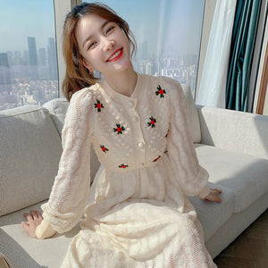 Knitting Maxi Dresses for Women Female Korea Style Slim Embroidery Warm Wool Long Sleeve Woman Dress Party 2022 Autumn Winter