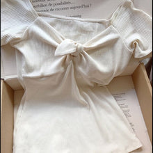 Load image into Gallery viewer, Knot T-shirt Short Sleeve Hollow Out Décolleté V fermé par un noeud devant Epaules dénudées V Collar Shirt Elegant Retro Hauts