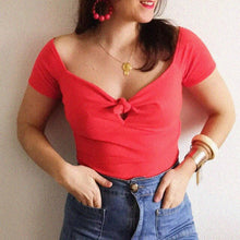 Load image into Gallery viewer, Knot T-shirt Short Sleeve Hollow Out Décolleté V fermé par un noeud devant Epaules dénudées V Collar Shirt Elegant Retro Hauts