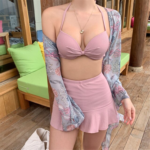 Korea Bikini Women Solid Swimwear Skirted Swimsuit Long Sleeve Push Up Biquini High Waist Bikinis Cover Up Bathing Suit Ruffle