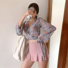 Load image into Gallery viewer, Korea Bikini Women Solid Swimwear Skirted Swimsuit Long Sleeve Push Up Biquini High Waist Bikinis Cover Up Bathing Suit Ruffle