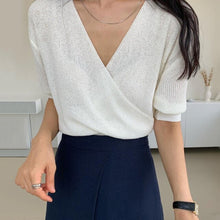 Load image into Gallery viewer, Korea Chic Summer Gentle Milk Soft Blue V-Neck Crossover Pullover Loose Wild Thin Short-Sleeved Sunscreen Sweater