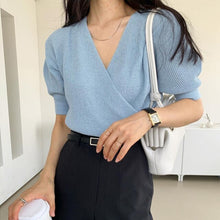 Load image into Gallery viewer, Korea Chic Summer Gentle Milk Soft Blue V-Neck Crossover Pullover Loose Wild Thin Short-Sleeved Sunscreen Sweater
