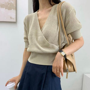 Korea Chic Summer Gentle Milk Soft Blue V-Neck Crossover Pullover Loose Wild Thin Short-Sleeved Sunscreen Sweater
