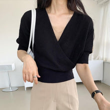 Load image into Gallery viewer, Korea Chic Summer Gentle Milk Soft Blue V-Neck Crossover Pullover Loose Wild Thin Short-Sleeved Sunscreen Sweater