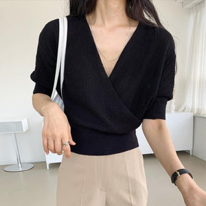Korea Chic Summer Gentle Milk Soft Blue V-Neck Crossover Pullover Loose Wild Thin Short-Sleeved Sunscreen Sweater