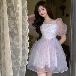 Korea Kawaii Floral Dress Women Summer 2021 Print Beach Sweet Party Mini Dresses Bubble Sleeve Casual France Princess Dress Boho