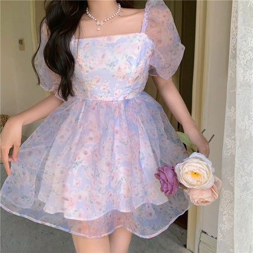 Korea Kawaii Floral Dress Women Summer 2021 Print Beach Sweet Party Mini Dresses Bubble Sleeve Casual France Princess Dress Boho