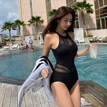 Load image into Gallery viewer, Korea Sexy Lace One Piece Swimsuit Women Solid Swimwear High Neck Monokini Halter Swim Suit Pad Hollow Out Bathing Suit