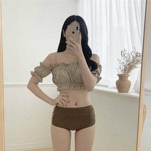 Korea Short Sleeve Swimsuit High Waisted Bikini Set Padded Swimwear Hollow Out BandeauTwo Piece Bathsuit Pleated Ruffle Biquinis