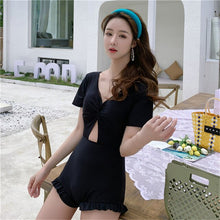 Load image into Gallery viewer, Korea Style One Piece Swimsuit Women Solid Swimwear Cut Out Monokini Ruffle Swim Suit Lace Up Bandage Open Back Bathing Suit Pad