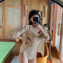 Load image into Gallery viewer, Korea Style One Piece Swimsuit Women Solid Swimwear With Cover Up Long Sleeve Monokini Push Up Swim Suit Open Back Pad Bathing