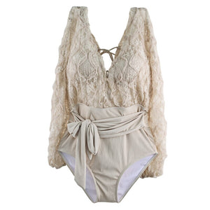 Korea Style Push Up One Piece Bathing Suit Sexy Lace Deep V Swimsuit Women Solid Padded Belt Swimwear Long Sleeve Mesh Monokini