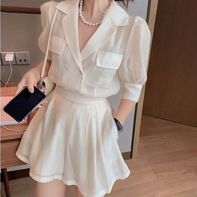Korea Two Piece Sets Women Solid Color Lapel Puff Sleeve Blouse Top + Mini Pant Suits 2021 Summer Fashion OL Clothing Suit