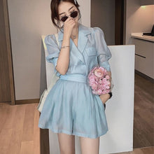 Load image into Gallery viewer, Korea Two Piece Sets Women Solid Color Lapel Puff Sleeve Blouse Top + Mini Pant Suits 2021 Summer Fashion OL Clothing Suit