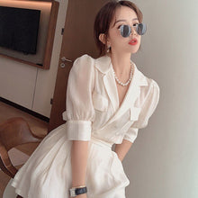 Load image into Gallery viewer, Korea Two Piece Sets Women Solid Color Lapel Puff Sleeve Blouse Top + Mini Pant Suits 2021 Summer Fashion OL Clothing Suit