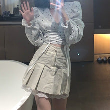 Load image into Gallery viewer, Korea Vintage Two piece Sets Sweet V-Neck Puff Sleeve Drawstring Shirt Top + Lace With Pleated Mini Skirt Summer Outfits Female