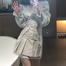 Load image into Gallery viewer, Korea Vintage Two piece Sets Sweet V-Neck Puff Sleeve Drawstring Shirt Top + Lace With Pleated Mini Skirt Summer Outfits Female