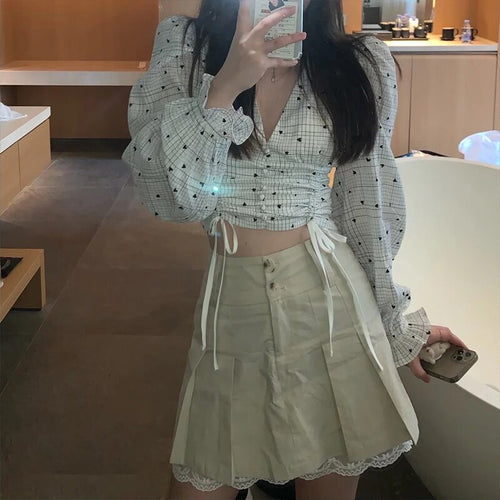 Korea Vintage Two piece Sets Sweet V-Neck Puff Sleeve Drawstring Shirt Top + Lace With Pleated Mini Skirt Summer Outfits Female