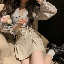 Load image into Gallery viewer, Korea Vintage Two piece Sets Sweet V-Neck Puff Sleeve Drawstring Shirt Top + Lace With Pleated Mini Skirt Summer Outfits Female