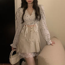 Load image into Gallery viewer, Korea Vintage Two piece Sets Sweet V-Neck Puff Sleeve Drawstring Shirt Top + Lace With Pleated Mini Skirt Summer Outfits Female