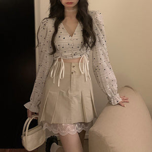 Korea Vintage Two piece Sets Sweet V-Neck Puff Sleeve Drawstring Shirt Top + Lace With Pleated Mini Skirt Summer Outfits Female