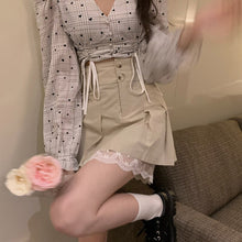 Load image into Gallery viewer, Korea Vintage Two piece Sets Sweet V-Neck Puff Sleeve Drawstring Shirt Top + Lace With Pleated Mini Skirt Summer Outfits Female