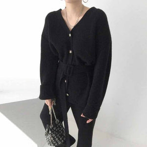 Korea chic temperament V-neck single-breasted lace-up long-sleeved knitted jacket+high waist mop wide-leg pants and trousers set