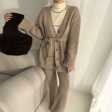 Load image into Gallery viewer, Korea chic temperament V-neck single-breasted lace-up long-sleeved knitted jacket+high waist mop wide-leg pants and trousers set