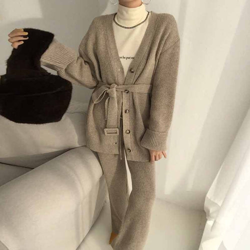 Korea chic temperament V-neck single-breasted lace-up long-sleeved knitted jacket+high waist mop wide-leg pants and trousers set