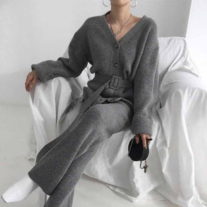 Korea chic temperament V-neck single-breasted lace-up long-sleeved knitted jacket+high waist mop wide-leg pants and trousers set