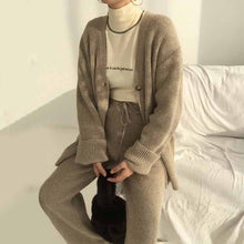 Load image into Gallery viewer, Korea chic temperament V-neck single-breasted lace-up long-sleeved knitted jacket+high waist mop wide-leg pants and trousers set