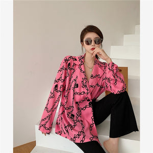 Korean Adult Lady Like Woman Style Printed Loose Suit Shirt Pink Long Blazer Feminino Women Coat Vintage Streetwear Clothing