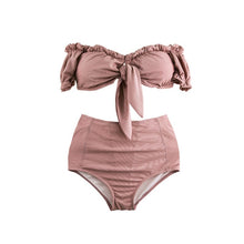 Load image into Gallery viewer, Korean Bandeau Bikini Set Women High Waisted Swimwear Sexy Swim Suit Push Up Off Shoulder Biquini Short Sleeve Bathing Suit XL
